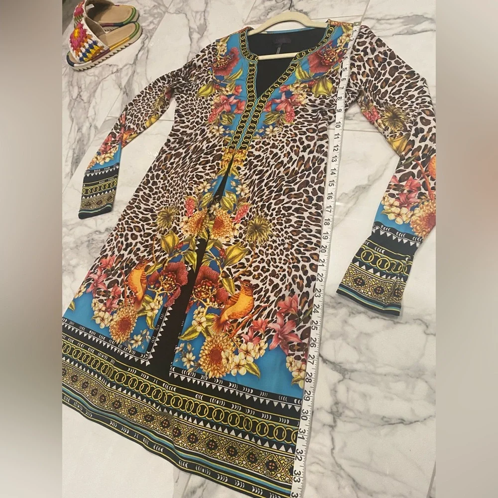 Hale Bob colorful A-line dress with chain link design neckline and cuffs 💃 - Picture 11 of 14